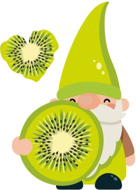 Tapılası bahçe cücesi elinde taze dilimlenmiş kivi meyvesi tutuyor.