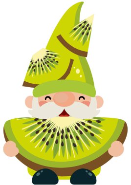 Tapılası bahçe cücesi elinde büyük bir Kivi dilimi tutuyor.