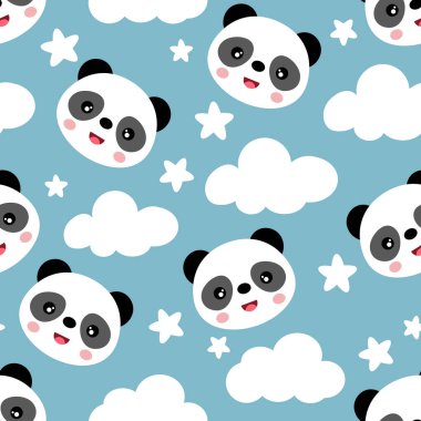 Şirin Panda Yüzlerinin Kusursuz Şablonu Bulutlu Yıldızlı Gökyüzünde Yüzüyor