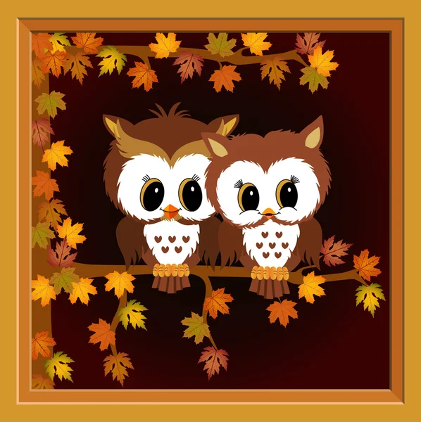 Quadro com corujas de casal na árvore de outono —  Vetores de Stock