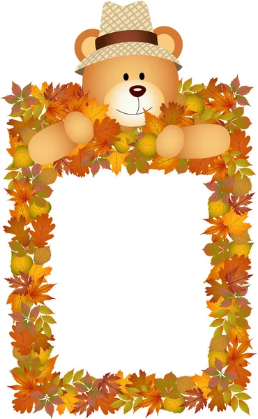 Медвежонок на раме осенних листьев — стоковый вектор