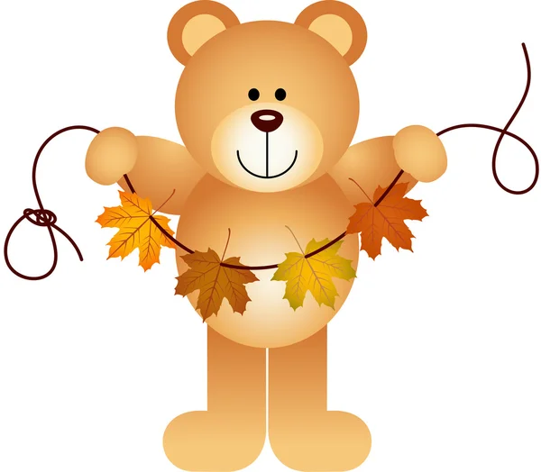 Плюшевий ведмідь тримає гірлянду осіннього листя — стоковий вектор