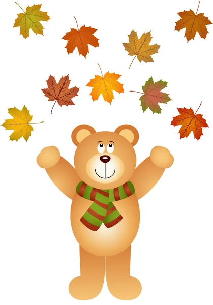 Teddy bear picking up fall leaves — Stock Vector