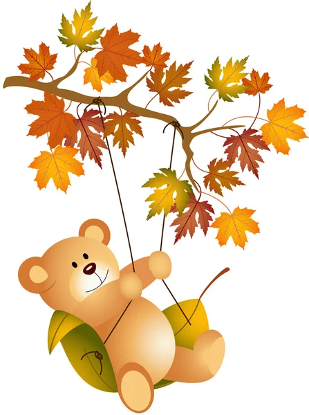 Osito de peluche balanceándose en rama de árbol de otoño — Archivo Imágenes Vectoriales