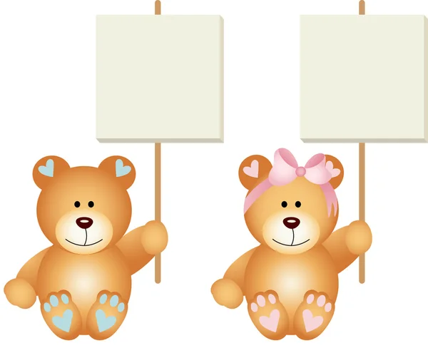 Bebê ursinhos de pelúcia menino e menina segurando um cartazes —  Vetores de Stock