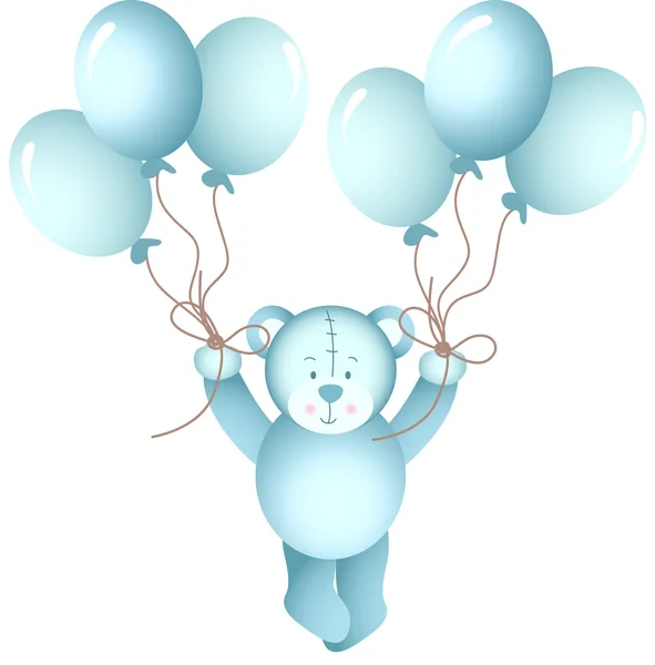 Bebé osito de peluche volando sosteniendo globos — Vector de stock