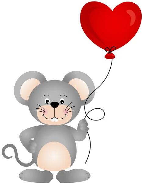 Mignonne souris tenant un ballon en forme de coeur — Image vectorielle