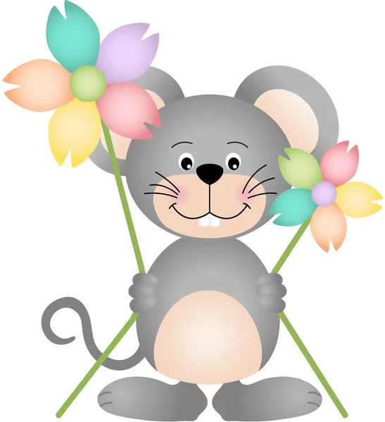 Carino mouse in possesso di due fiori — Vettoriale Stock