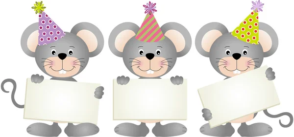 Mouse di compleanno con cartelli — Vettoriale Stock