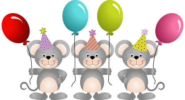 Ratones de cumpleaños con globos — Vector de stock