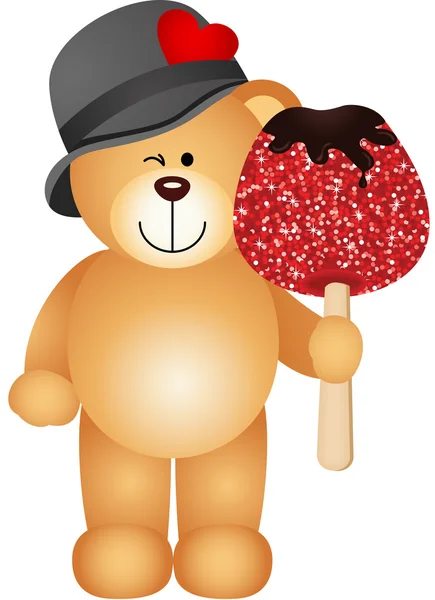 Teddy bear holding candied apple — Stock Vector