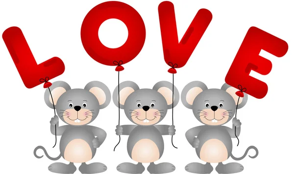 Ratos bonitos com balões de amor — Vetor de Stock