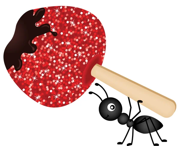 Ant carrying candied apple — Stock Vector