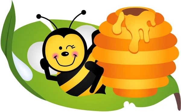 Abeja feliz sentada en la hoja con colmena — Vector de stock