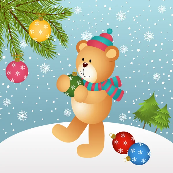 Teddybär platziert Glaskugeln im Weihnachtsbaum — Stockvektor
