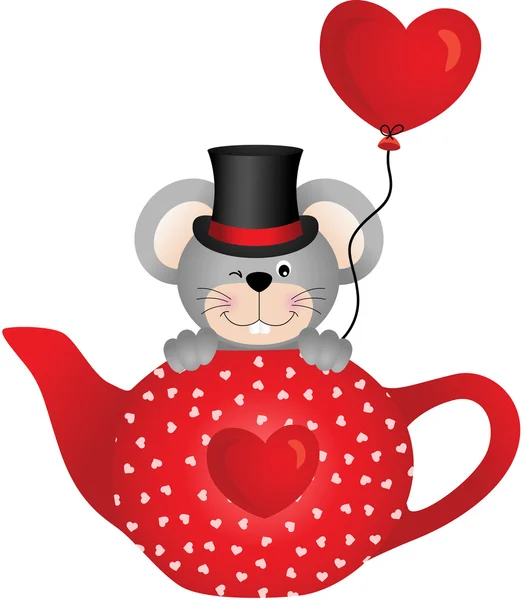 Mouse in teiera rossa con palloncino cuore — Vettoriale Stock