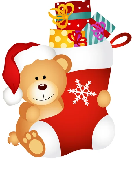 Teddy bear holding Christmas stocking with gifts — Stock Vector