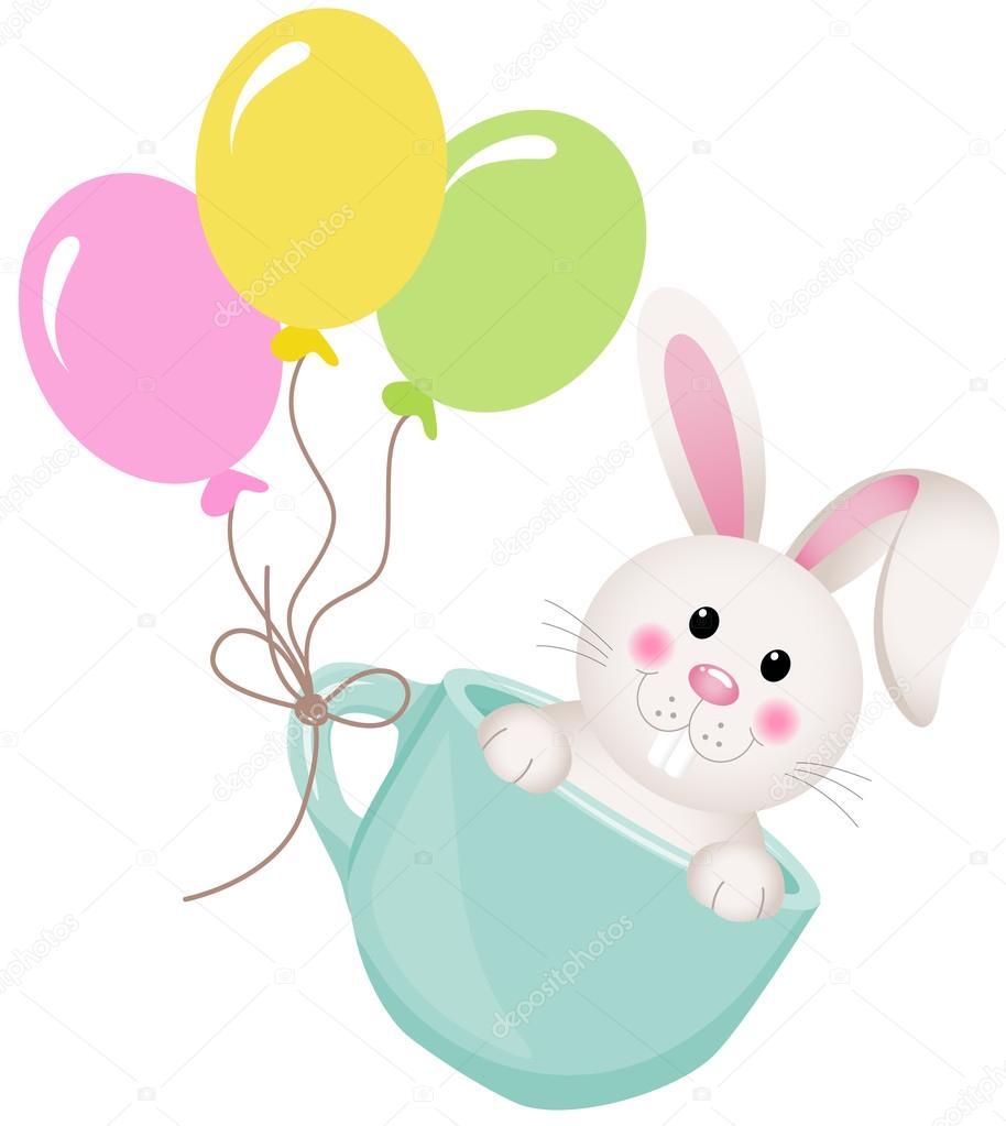 Easter bunny in teacup with balloons
