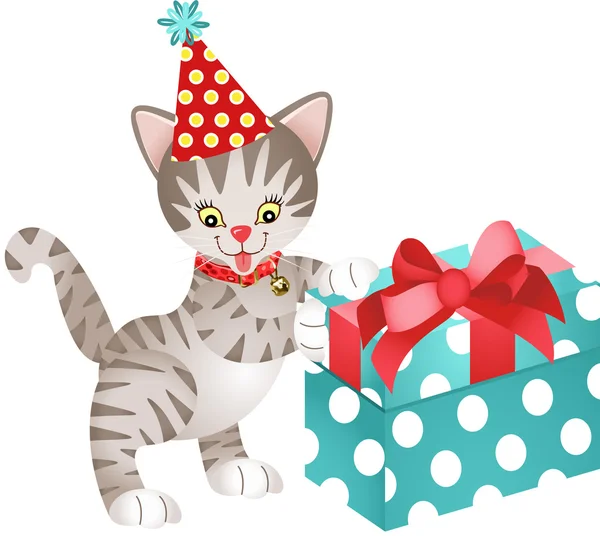 Compleanno gatto con regalo — Vettoriale Stock