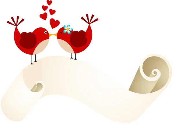 Couple oiseaux avec parchemin d'amour — Image vectorielle