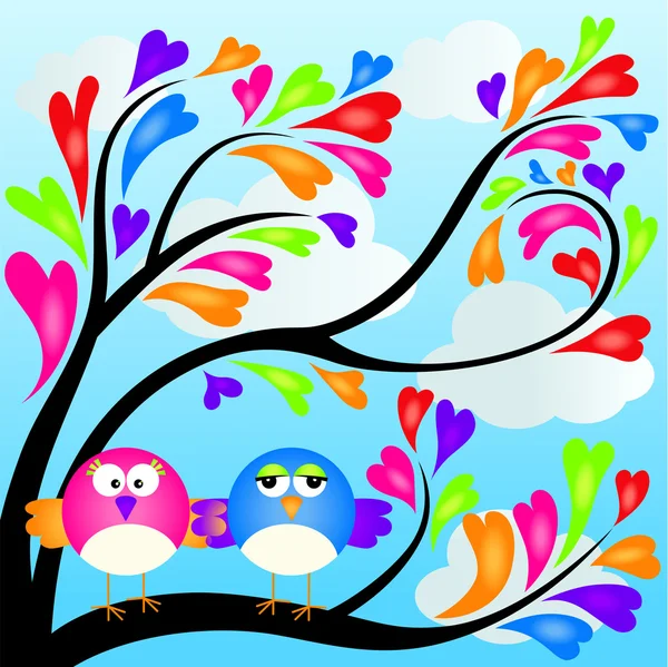 Un par de pájaros en el árbol del corazón — Vector de stock