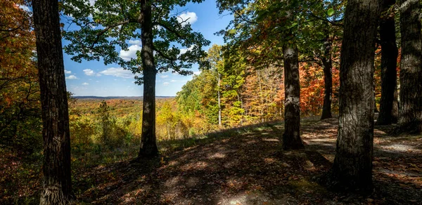 Een Kleurrijk Herfstzicht Met Bomen Vele Prachtige Herfstkleuren Van Bladeren — Stockfoto