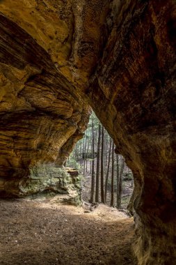 21 At Mağarası olarak da bilinen Chapel Mağarası 'ndan Ohio ormanları Hocking Hills Eyalet Parkı' nda kumtaşı duvarlı büyük bir mağara olarak görülür..