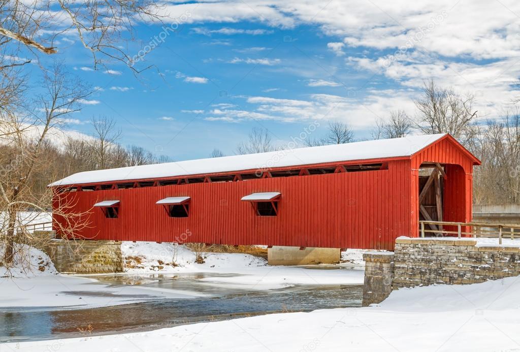 Snowy Red Covered Bridge