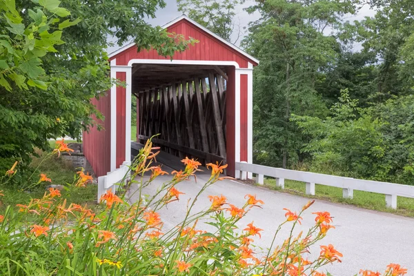 Lilien am Straßenrand und überdachte Brücke Stockfoto