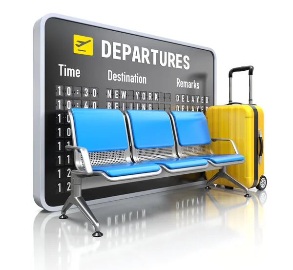 Placa de partida com assentos no aeroporto — Fotografia de Stock