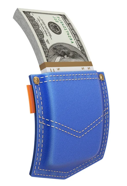 Stack of dollars in blue jeans back pocket — Stock Photo, Image