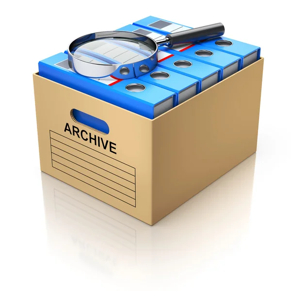 Storage box with magnifying glass and file binders — Stock Photo, Image