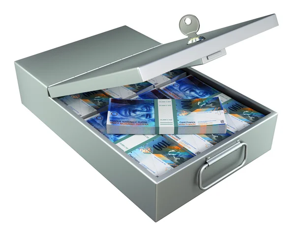 Open metal bank safety deposit box with swiss francs — Stock Photo, Image