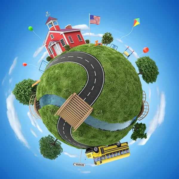 School house and school bus in back to school concept illustration — Stock Photo, Image