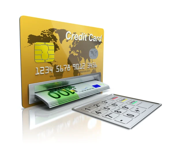 Geldautomat in der Kreditkarte mit Euro-Banknoten — Stockfoto