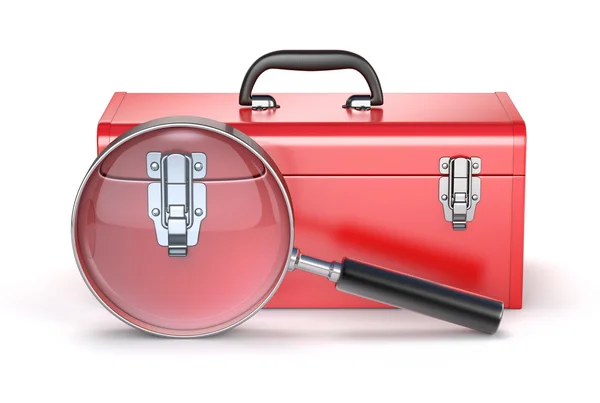 Red toolbox with magnifying glass — Stock Photo, Image