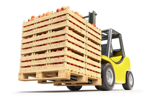 Empilhadeira com maçãs vermelhas em caixas de madeira — Fotografia de Stock