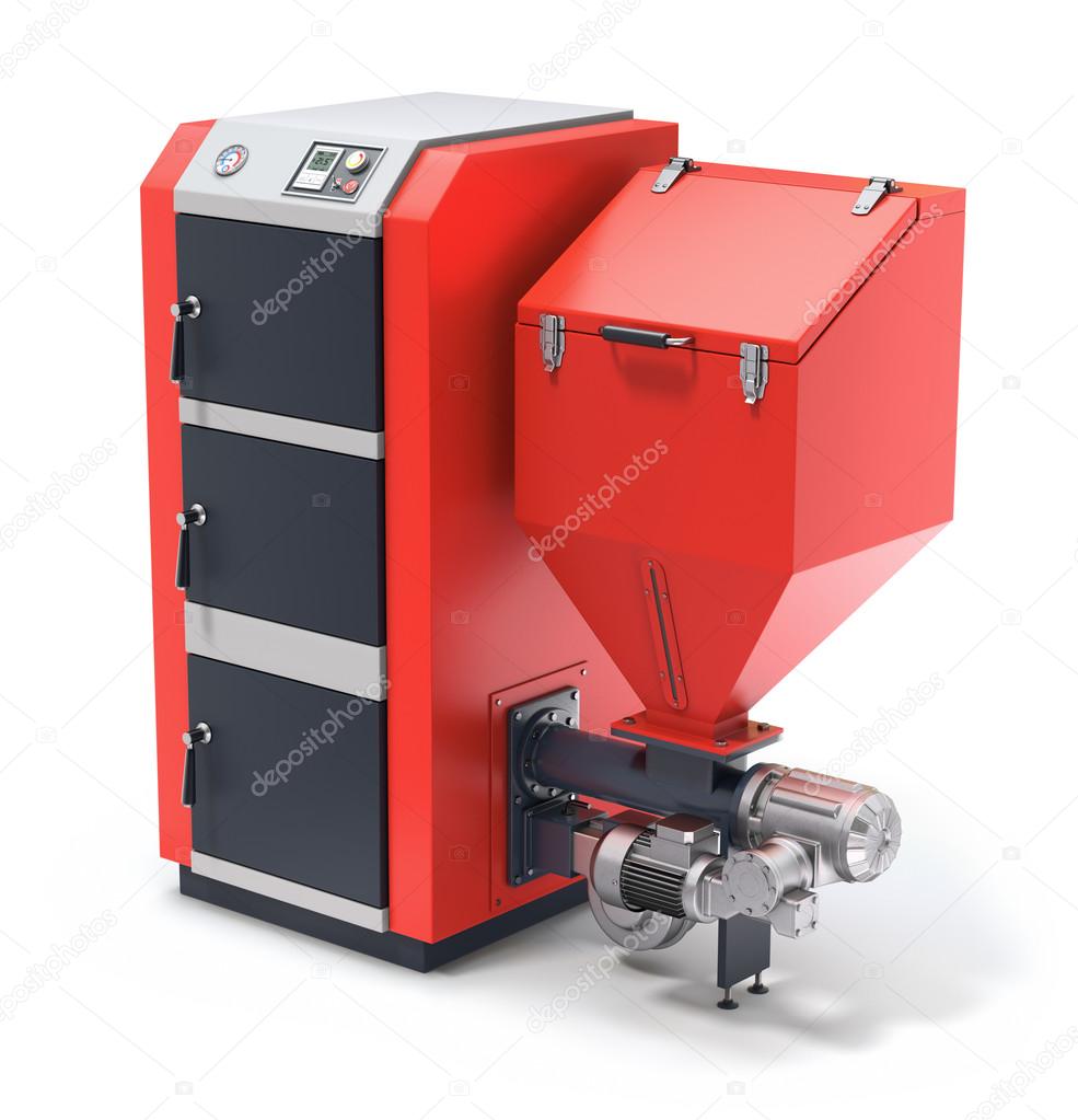 Wood pellet boiler with fuel hooper and feeding system