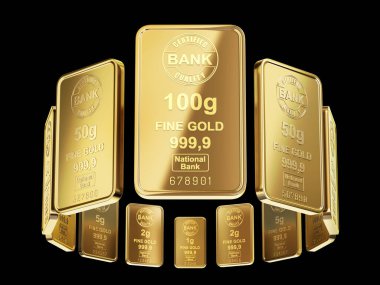 Siyah arkaplanda izole edilmiş küçük altın çubuklar - 3d illüstrasyon