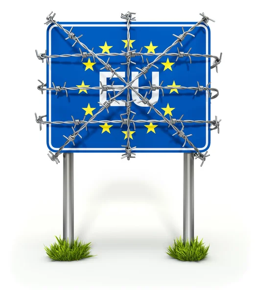 Teken van de grens van de Europese Unie met prikkeldraad — Stockfoto