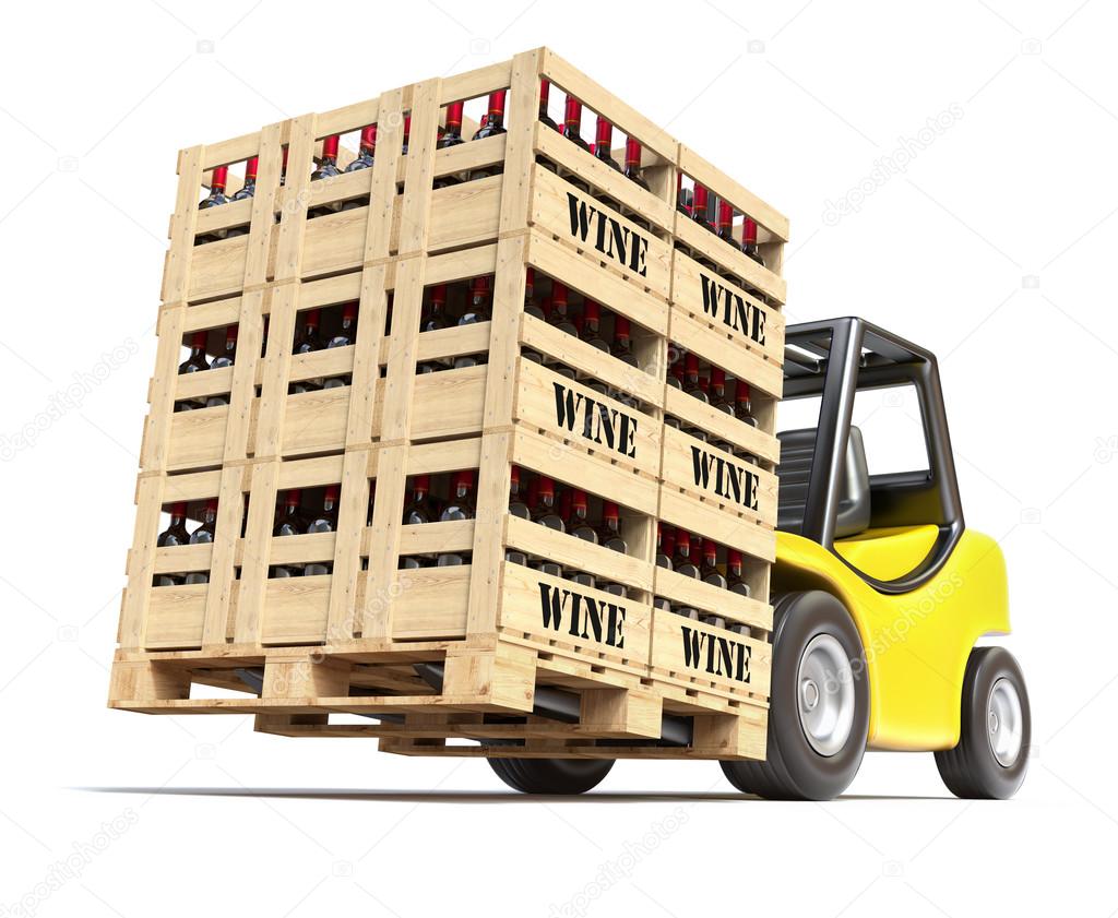 Forklift with wine bottles in wooden crates