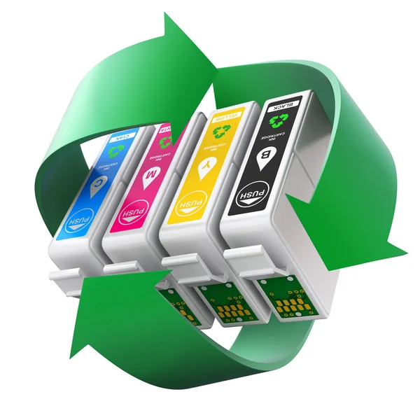 CMYK set of cartridges with recycling symbol — Stock Photo, Image