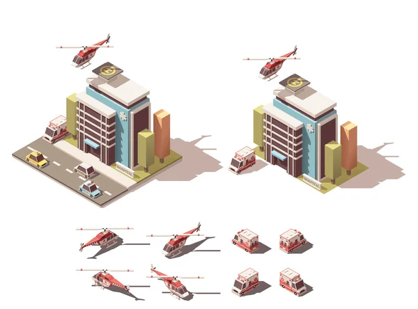Ospedale isometrico vettoriale con furgone ambulanza e icona elicottero — Vettoriale Stock