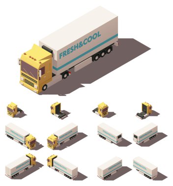 Vector isometric truck with insulated or refrigerated semi-trailer icon set clipart