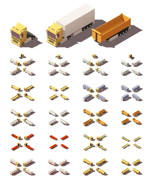 Vektorové izometrické nákladní automobily s přívěsy sady ikon — Stockový vektor