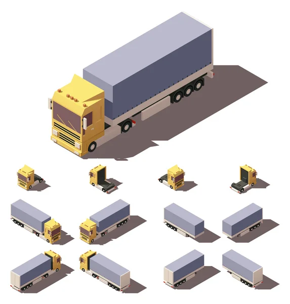 Vector isometric truck with tilt box semi-trailer icon set — Stock Vector