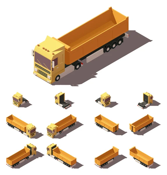 Vector isometric truck with tipper semi-trailer icon set — Stock Vector