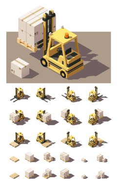 Kasa ve palet simge seti ile vektör izometrik forklift