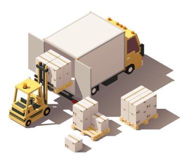 Vektör izometrik forklift kamyon kasaları Paletler simgesini ile yükleme