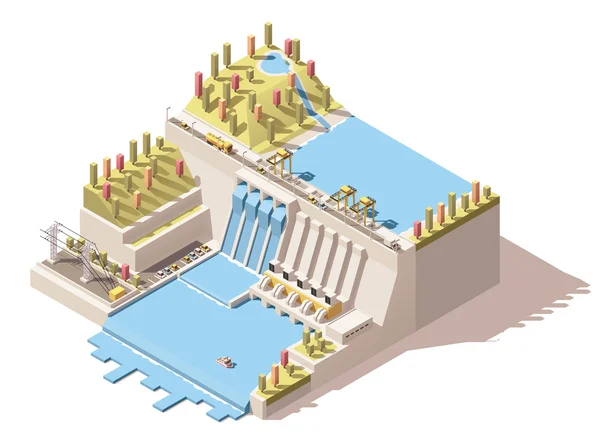 Infografía de la central hidroeléctrica isométrica vectorial — Vector de stock